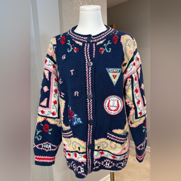 Vintage Sweaters - Vintage Together! Colorful Navy Knit Embroidered Cardigan Sweater w/ Pockets